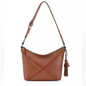 THE SAK Kyetra Hobo Brown Tan Stitched Leather Purse Bag Fringe Silver Bohemian